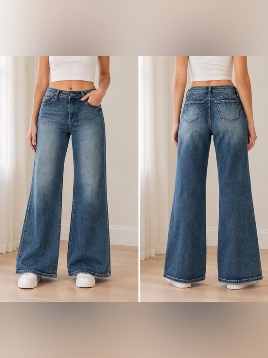 YMI Denim - YMI Women's High-Rise Y2K Wide Leg Jeans/Distressed Medium Blue Wash